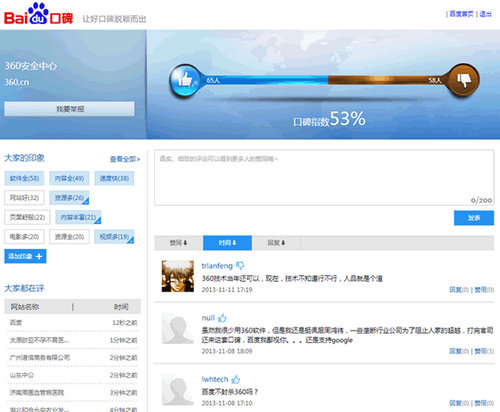 百度口碑低調上線:網友可給網站打分了